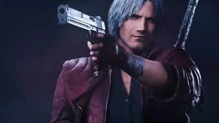 HD PC desktop wallpaper featuring Dante from Devil May Cry 5, a popular gaming character from the Devil May Cry video game series, poised with a handgun.