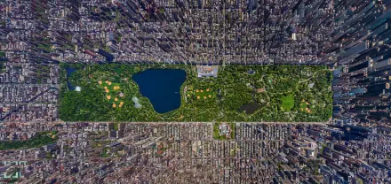 Aerial HD view of Central Park surrounded by the dense cityscape of New York City, captured in sharp detail as a desktop wallpaper background.