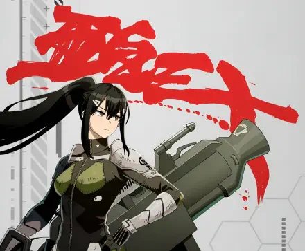 HD PC desktop wallpaper of Mina Ashiro from the anime Kaiju No. 8: stoic, armored heroine with long black ponytail wielding a heavy weapon against a red paint-splatter backdrop.
