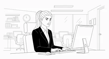 Line art of a woman in corporate attire working at a desktop computer in a modern office, designed as a 4K Ultra HD PC desktop wallpaper background.