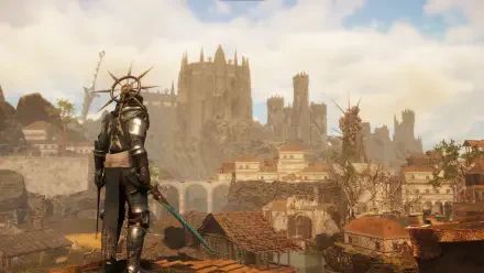 HD PC desktop wallpaper from the video game Tainted Grail: The Fall of Avalon, featuring a knight overlooking a medieval town with a large fortress in the background.