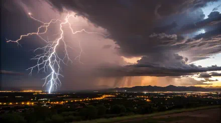 A dramatic lightning storm illuminates the night sky over a cityscape, captured in stunning 4K Ultra HD for a vivid PC desktop wallpaper.