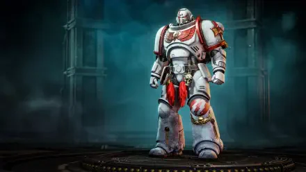 4K Ultra HD PC desktop wallpaper featuring a detailed Space Marine in white armor from the video game Warhammer 40K: Space Marine 2, standing in a dark, atmospheric setting.