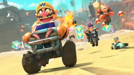 4K Ultra HD Mario Kart world scene featuring characters racing on rugged terrain in dynamic action, vibrant colors, and detailed video game graphics.