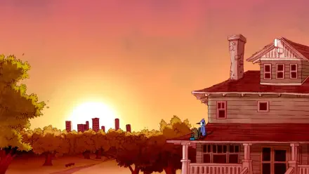 HD desktop wallpaper featuring Mordecai and Rigby from the TV show Regular Show sitting on a porch at sunset with a city skyline in the background.