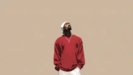 Minimalist HD PC desktop wallpaper featuring a rapper in a red sweatshirt and white headband, inspired by 2Pac's style against a plain beige background.