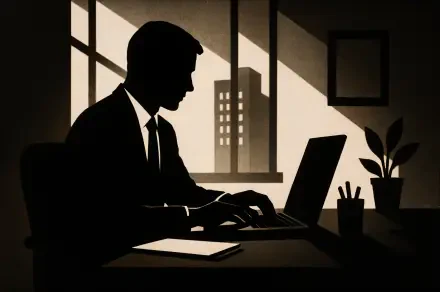 Silhouette of a professional in a suit working on a laptop in an office, captured in sharp 4K Ultra HD quality for a corporate job-themed desktop wallpaper.