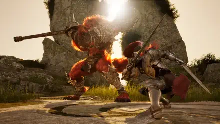 HD PC desktop wallpaper from the video game Vindictus: Defying Fate, featuring an intense battle between a warrior and a large, fiery beast in a rocky, sunlit setting.