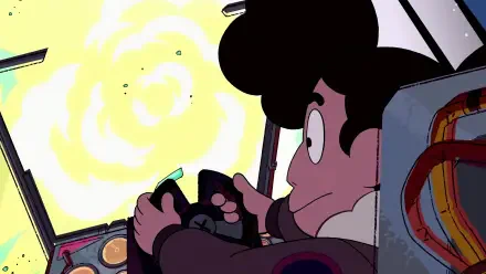 HD PC desktop wallpaper from the TV show Lars of the Stars, featuring a character piloting a spacecraft with a bright cosmic background.