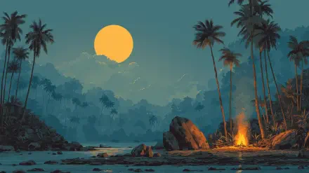 HD PC desktop wallpaper depicting a serene jungle scene with tall palm trees, a glowing bonfire, and a large full moon illuminating the night sky.