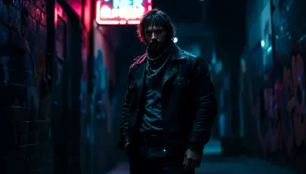 Dark, moody 4K Ultra HD PC wallpaper of a smuggler standing in a neon-lit alley, wearing a leather jacket and scarf, with an intense, mysterious vibe.