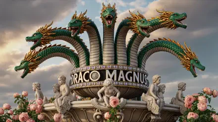 A 4K Ultra HD PC desktop wallpaper featuring a majestic multi-headed dragon sculpture with ornate golden details, surrounded by cherubs and pink roses under a cloudy sky.