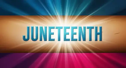 4K Ultra HD desktop wallpaper featuring JUNETEENTH in bold letters with radiant light beams and a vibrant tricolor background.