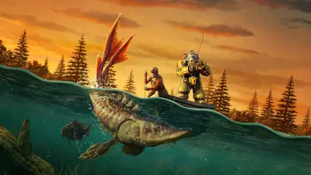 4K Ultra HD Fallout 76 PC desktop wallpaper showing two characters in power armor and combat gear by a riverbank with a large aquatic creature beneath the water.