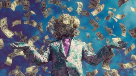 A surreal 4K Ultra HD desktop wallpaper showing a person in a patterned suit with a stack of money for a head, surrounded by floating dollar bills, symbolizing greed.
