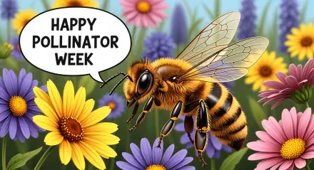 4K Ultra HD desktop wallpaper featuring a detailed bee pollinating vibrant flowers with a Happy Pollinator Week message in a speech bubble.