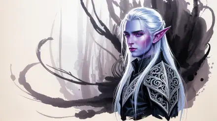 4K Ultra HD PC wallpaper of a dark elf with pale skin, long white hair, and intricate armor, set against an abstract monochrome background.
