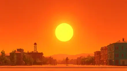 A vibrant 4K Ultra HD desktop wallpaper capturing the intense summer sun on a hot day above an urban landscape at sunset.