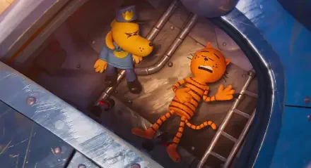 HD PC desktop wallpaper featuring characters from the movie Dog Man (2025), showcasing a dog in a police uniform and a distressed orange cat in a metallic setting.