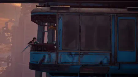 4K Ultra HD PC desktop wallpaper featuring a dynamic scene from the video game Stellar Blade with a character poised on a futuristic tram in an urban environment.