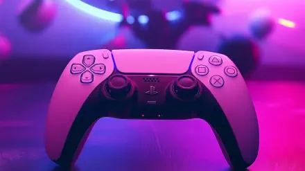HD PC desktop wallpaper featuring a PlayStation 5 controller illuminated by vibrant purple and pink neon lighting.