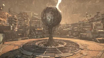 HD PC desktop wallpaper from the video game Stellar Blade, featuring a large metallic sphere with a flowing, molten-like base in a futuristic, industrial environment.