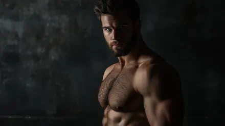 HD desktop wallpaper featuring a muscular, confident sigma male embodying the giga chad aesthetic against a dark, moody background.