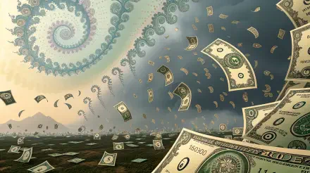 4K Ultra HD PC desktop wallpaper showing a surreal scene of raining money with a swirling fractal background in muted green and blue tones.