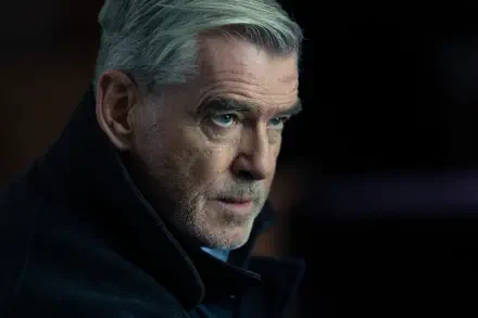 Close-up of Pierce Brosnan from the TV show MobLand, captured in a 4K Ultra HD desktop wallpaper and background.