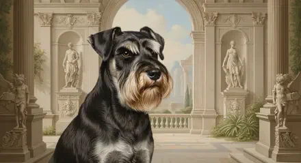 4K Ultra HD PC desktop wallpaper featuring a detailed schnauzer dog portrait set against an elegant classical architectural backdrop.