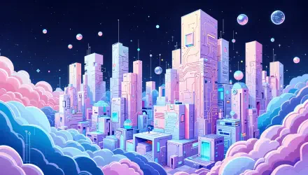 A vibrant cyberspace cityscape with futuristic buildings and floating spheres, depicted in a detailed 4K Ultra HD PC desktop wallpaper style.