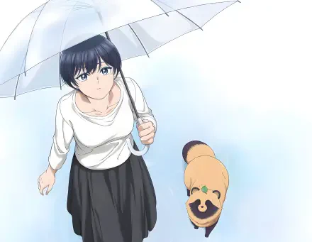 Anime 4K Ultra HD PC desktop wallpaper: Kimi (With You and the Rain) holding a clear umbrella, looking up as Fuji (With You and the Rain) the dog walks beside her.