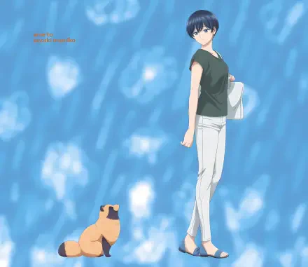 Anime 4K Ultra HD PC wallpaper of Fuji and Kimi from With You and the Rain: Kimi standing in the rain with a tote, small dog at her feet, soft blue bokeh raindrop background.