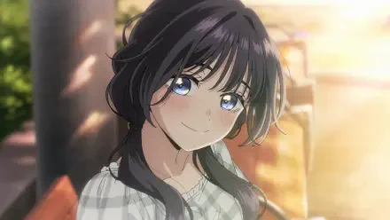 HD anime desktop wallpaper featuring Kaoruko Waguri from The Fragrant Flower Blooms With Dignity, showcasing her with dark hair and bright blue eyes in warm lighting.