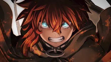 Close-up of an intense character with fiery red hair and glowing blue eyes from the manga Blade & Bastard 3, rendered in vivid 4K Ultra HD for PC desktop wallpaper.
