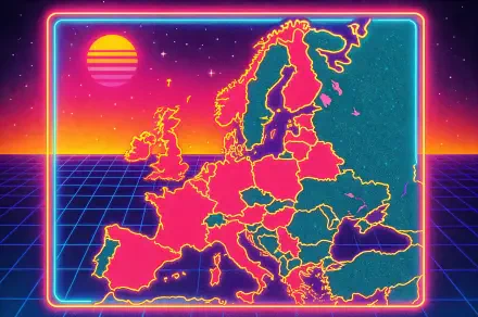 A vibrant 4K Ultra HD desktop wallpaper featuring a neon-outlined Europe map against a retro grid background with a stylized sunset in the distance.