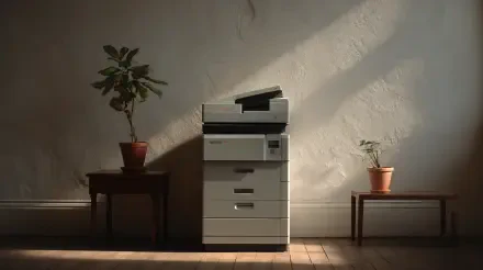 4K Ultra HD image of a photocopier placed between two wooden tables with potted plants, set against a textured wall with dramatic light and shadow.