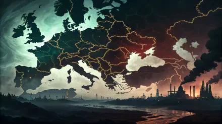 A 4K Ultra HD PC desktop wallpaper featuring a detailed map of Europe with illuminated country borders against a dramatic, dark sky background.