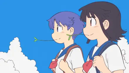 HD PC desktop wallpaper featuring two anime characters from City the Animation against a bright blue sky with a fluffy white cloud.