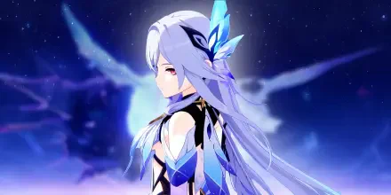 HD PC desktop wallpaper featuring Skirk from the video game Genshin Impact, with vibrant blue and purple hues and glowing ethereal effects in the background.