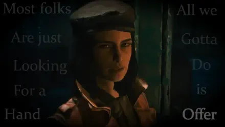 HD PC desktop wallpaper featuring Piper Wright from the video game Fallout 4, set against a dimly lit background with faint text overlays.
