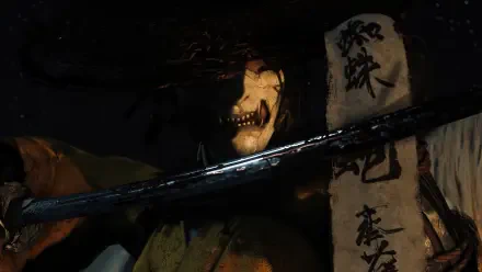 HD PC desktop wallpaper featuring a samurai ghost from the video game Ghost of Yōtei, with a dark, eerie atmosphere and mysterious Japanese calligraphy.