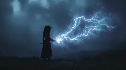 A mage conjures a powerful lightning spell amid dark, stormy skies in this fantasy 4K Ultra HD PC desktop wallpaper.
