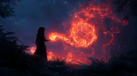 A dark forest scene in 4K Ultra HD features a figure casting a vibrant, magical fire spell, illuminating the surroundings with swirling flames and sparks.
