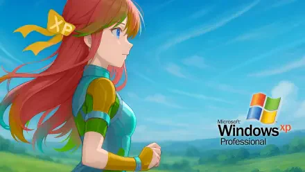 HD anime-style OS-tan character with red hair and XP ribbon stands against a bright blue sky and green fields, blending artificial intelligence and operating system themes.