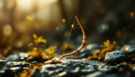 4K Ultra HD wallpaper featuring a detailed Sagittarius bow and arrow set against a softly lit, natural rocky background, symbolizing the zodiac sign’s adventurous spirit.