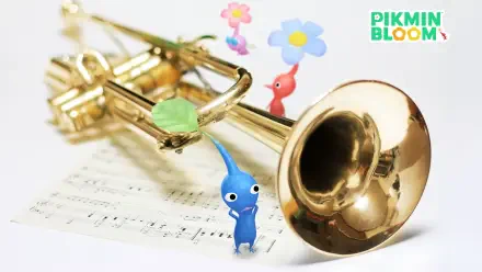 HD PC desktop wallpaper featuring colorful Pikmin characters interacting with a golden trumpet and scattered sheet music, branded with the Pikmin Bloom logo.