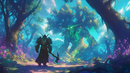 A magical fantasy battle unfolds in an enchanted forest, featuring a warrior facing a giant, glowing tree creature amid vibrant flora in this HD PC desktop wallpaper.