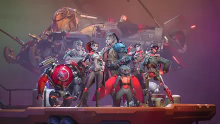 4K Ultra HD Wildgate video game wallpaper featuring a diverse team of futuristic characters standing in front of a large, detailed mech on a PC desktop background.