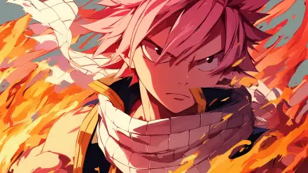 HD anime desktop wallpaper featuring Natsu Dragneel from Fairy Tail, surrounded by dynamic flames and intense expression.